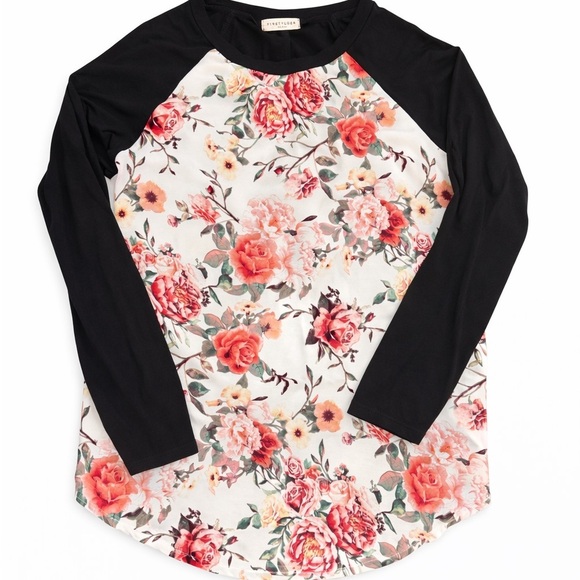 First Looks Tops - Lightweight Floral Raglan Top Long Sleeve Black Sleeve Floral Tunic